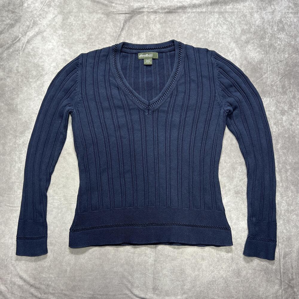 Vintage Eddie Bauer Sweater Womens Medium Blue V-Neck Cable Knit Long Sleeve 90s